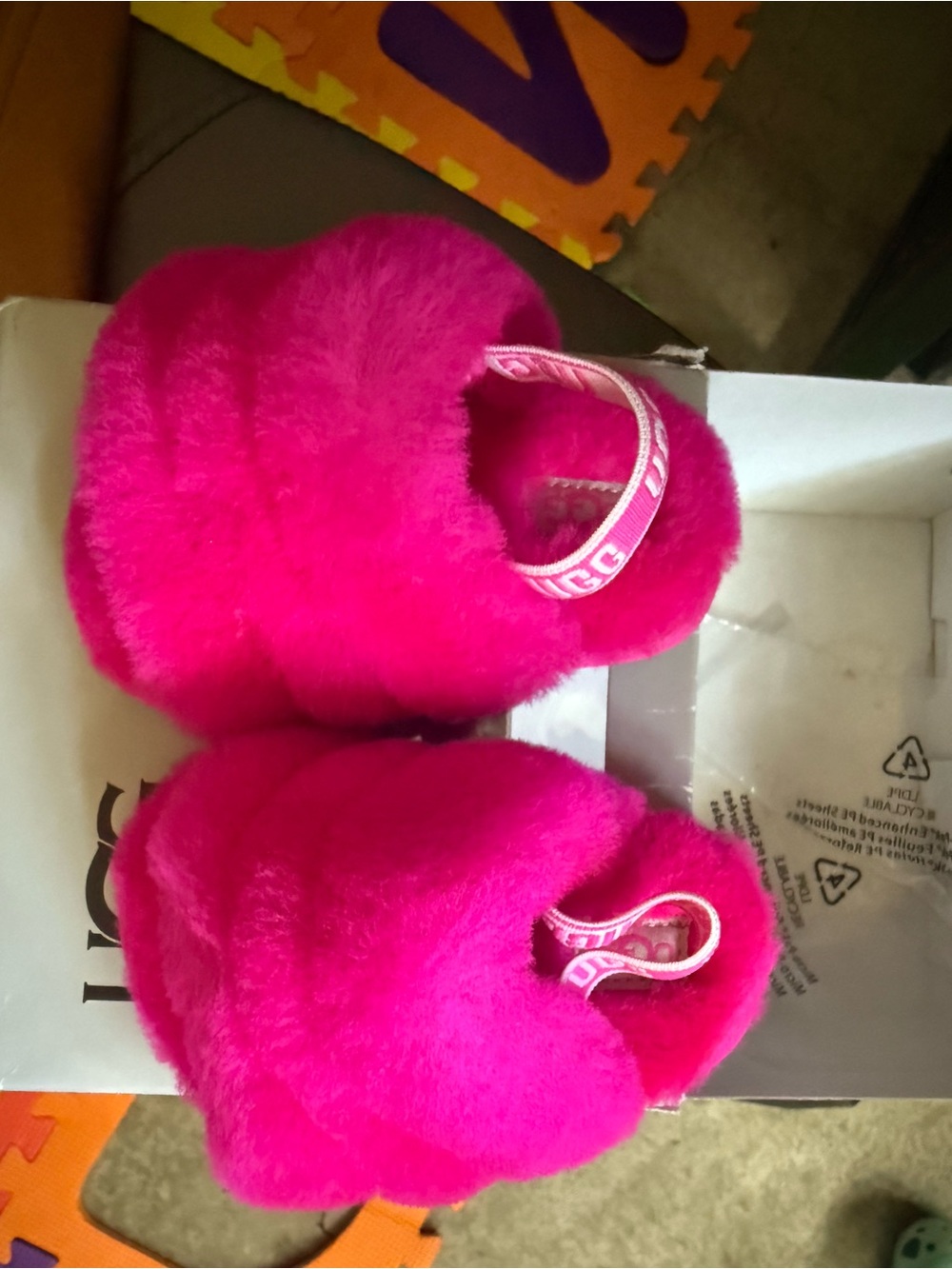 UGG Kids Hot Pink Fluff Slides with Branded Strap